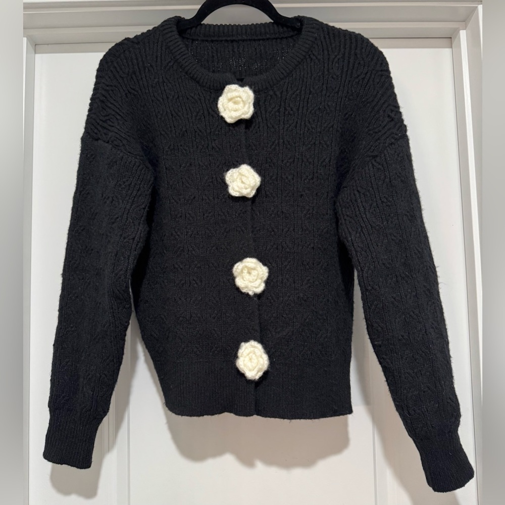 Black Sweater with‎ Cream Floral Accents